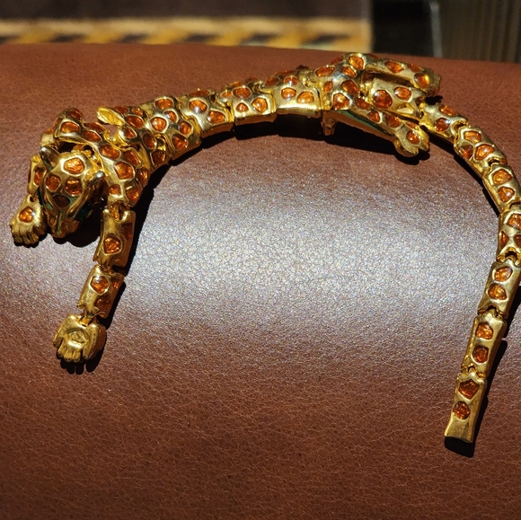 Vintage Leopard Pin Articulated  Shoulder Pet Green  Rhinestone Eyes - Picture 5 of 13